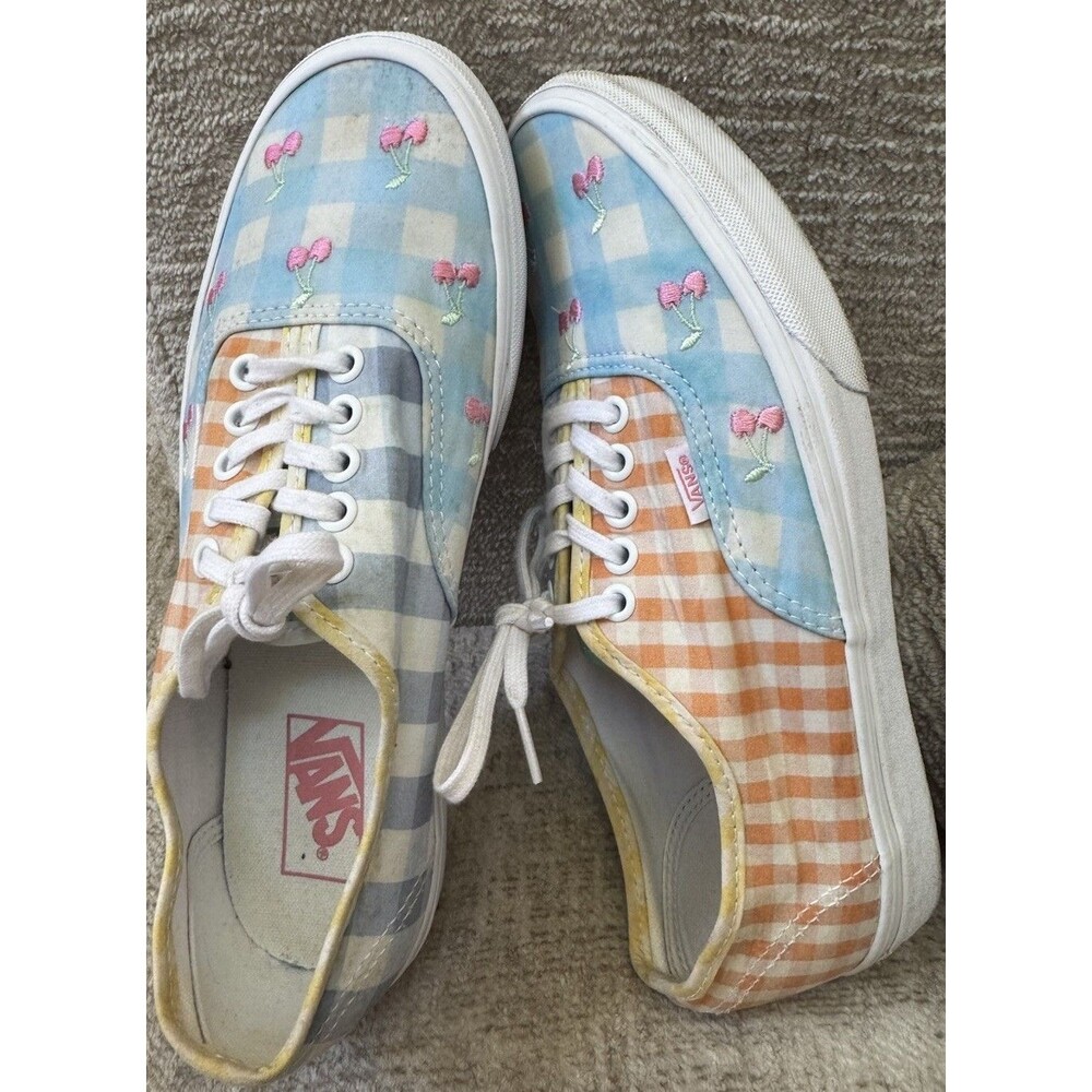 EUC VANS Embroidered Pink Cherries Gingham Checks Shoes M8.5 W10